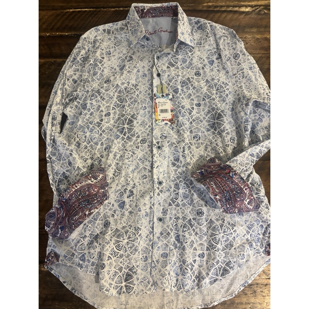NWT Robert Graham County Road Shirt M Blue Linen Blend Classic‎ Fit Long Sleeve
